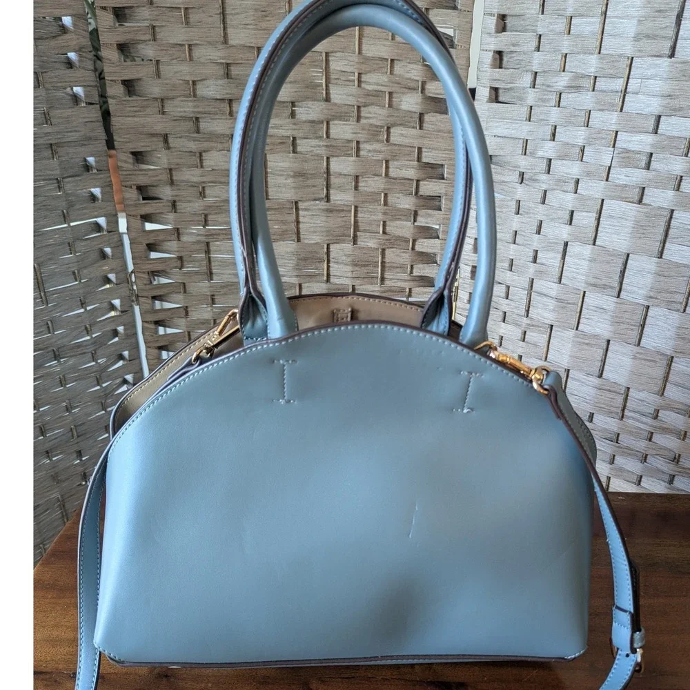 Melie Bianco Satchel Blue Vegan Leather Dome Bag Crossbody Structured Chic READ